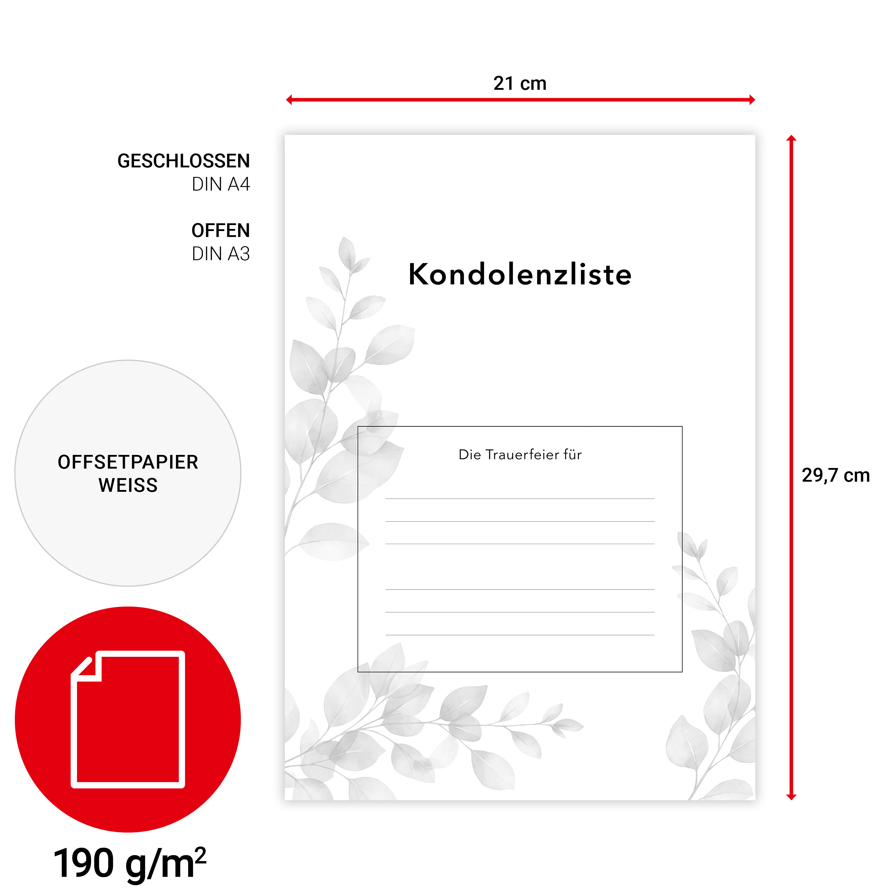 Kondolenzliste modern, Eukalyptus - DIN A3 - Startblatt mit Kasten