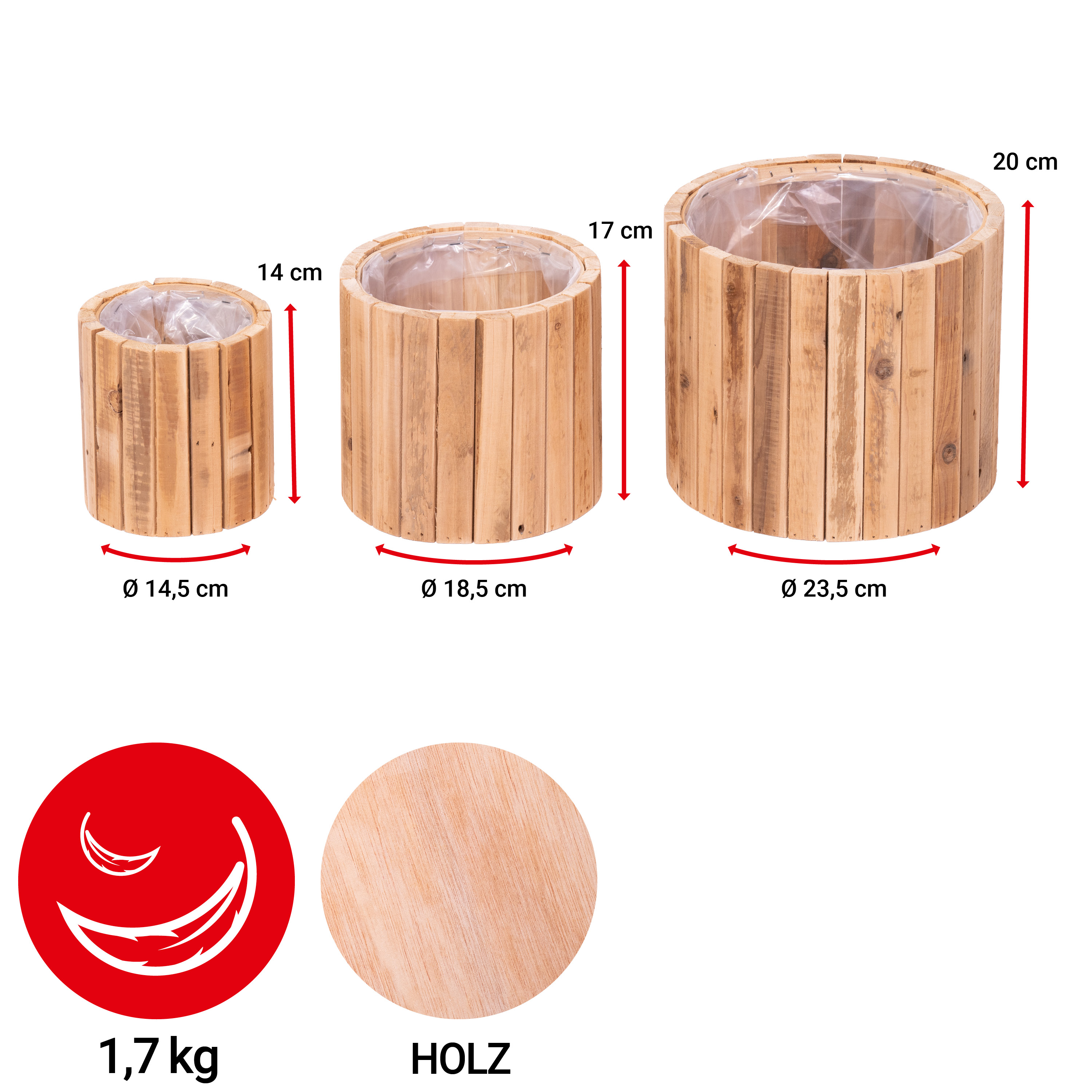 Übertopf - Holz - Set: 6-teilig