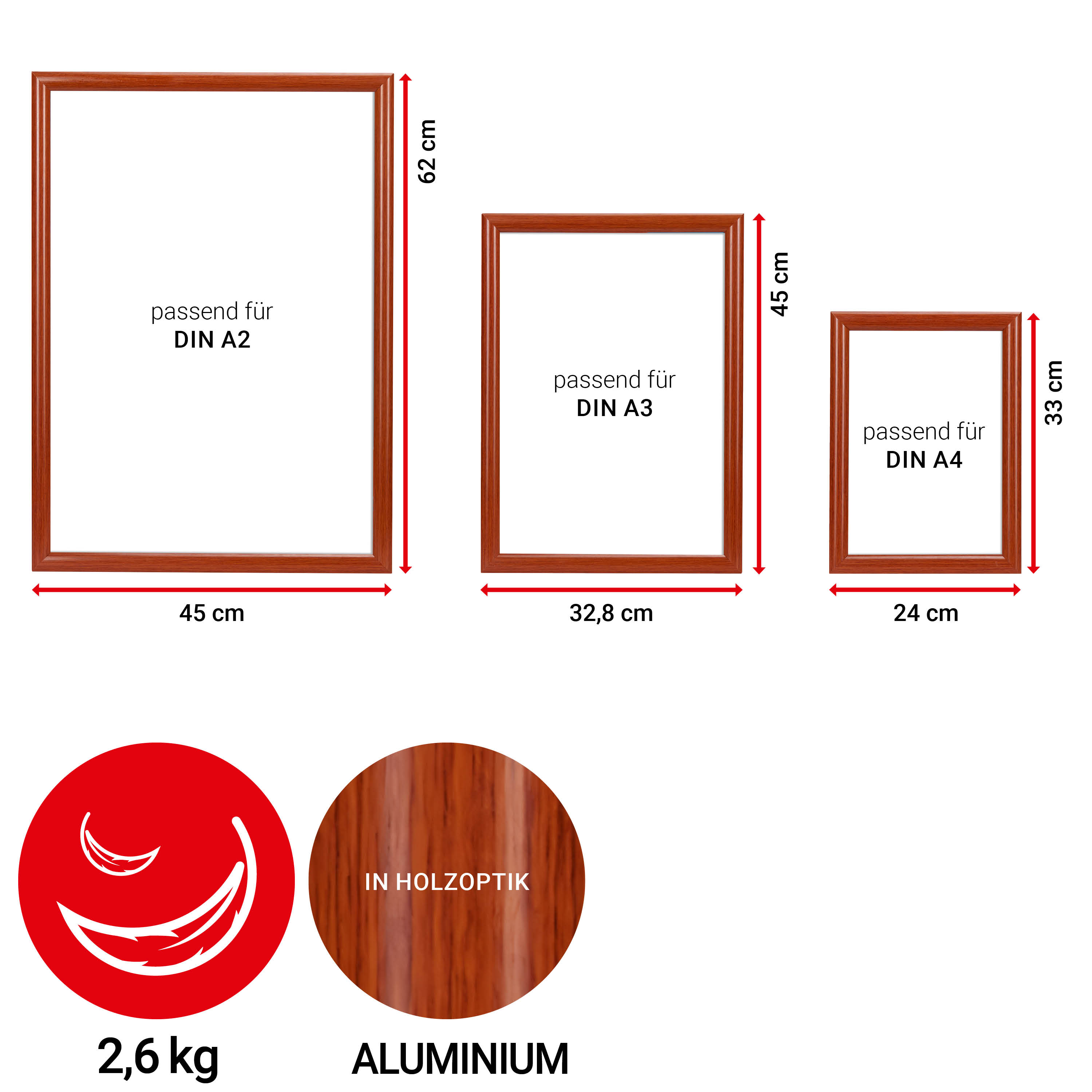 Alu Klapprahmen Set in Holzoptik DIN A4, DIN A3, DIN A2