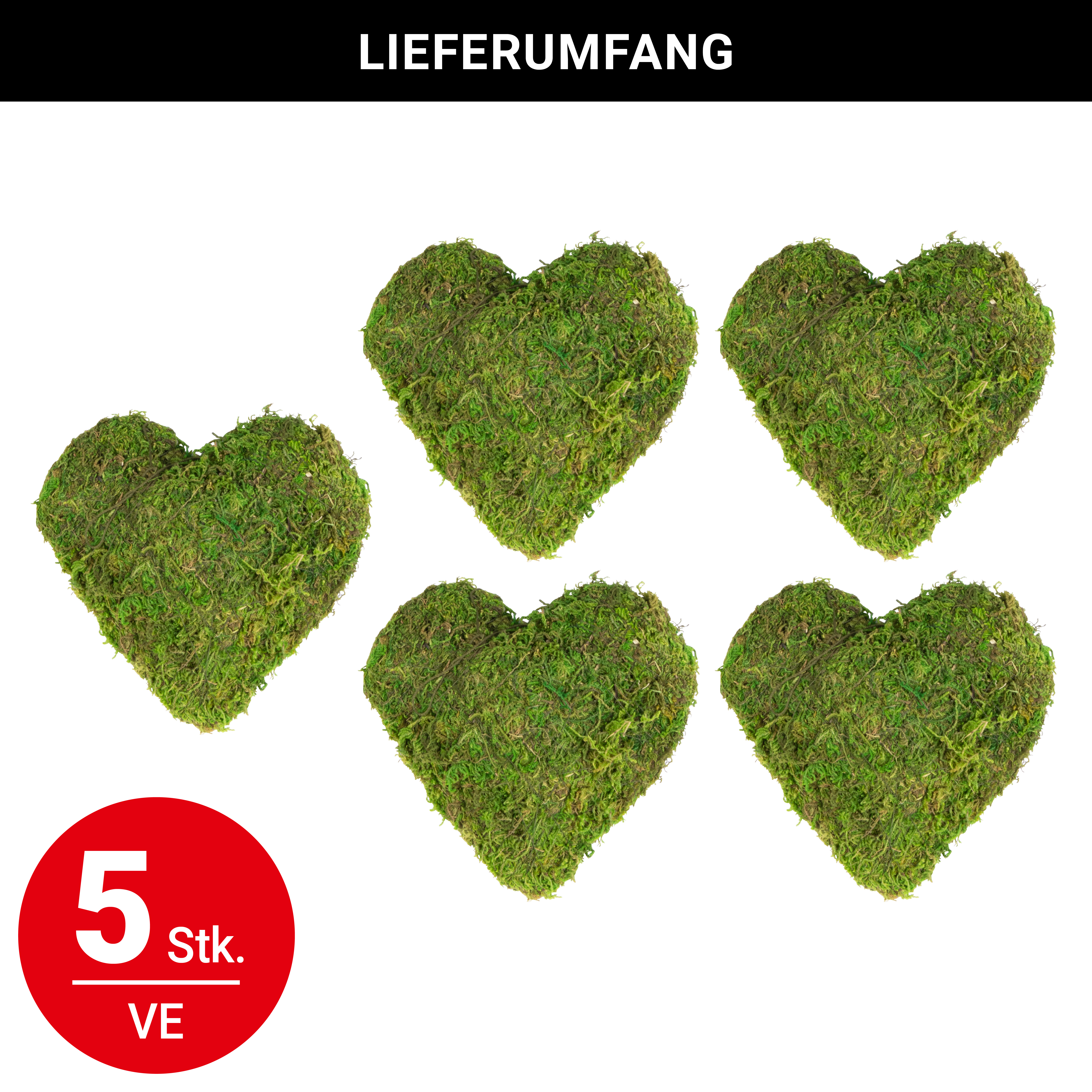 Herz aus Moos - 15 x 15 x 4cm - 5 Stück