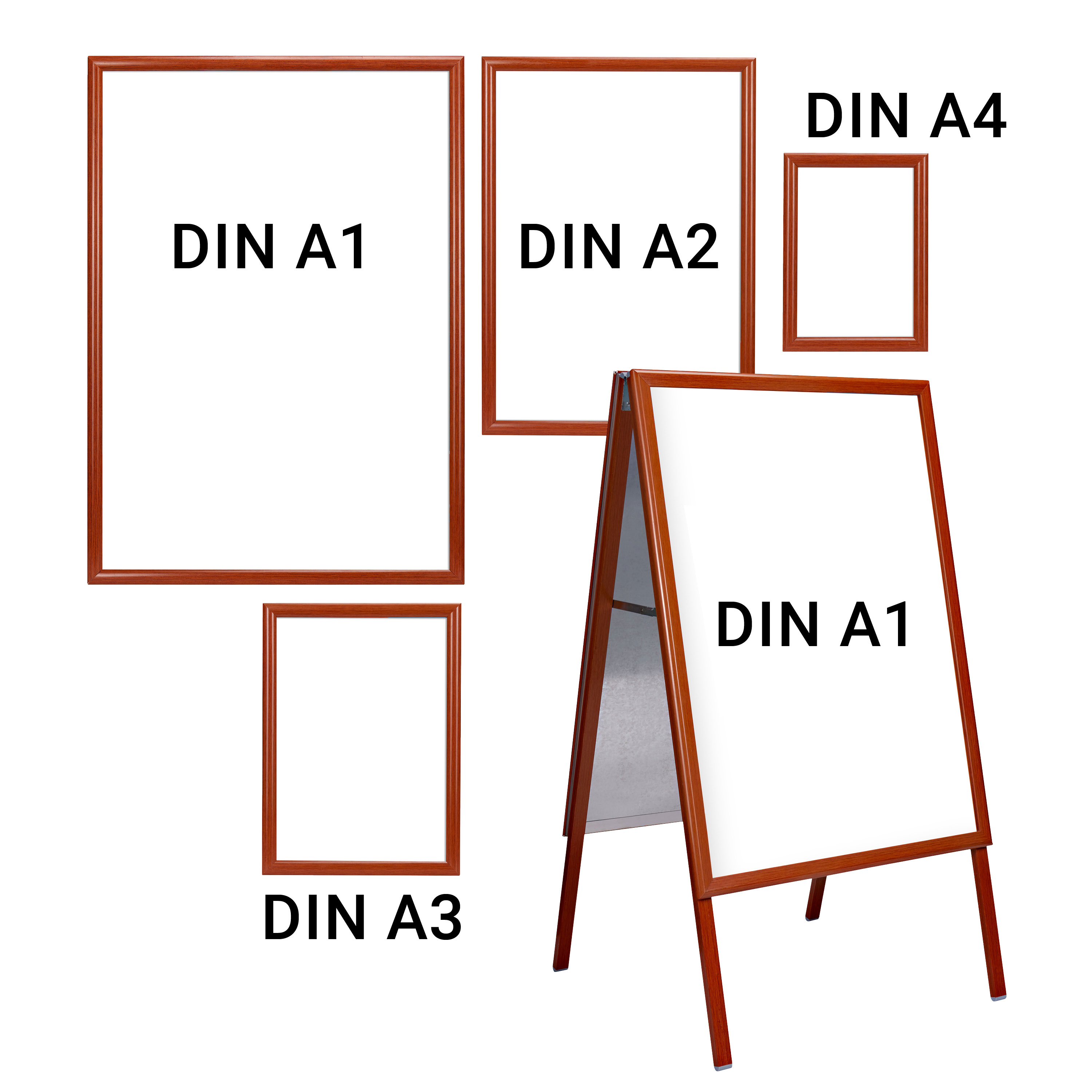 Alu Klapprahmen Set in Holzoptik DIN A4, DIN A3, DIN A2, DIN A1, Werbeaufsteller DIN A1