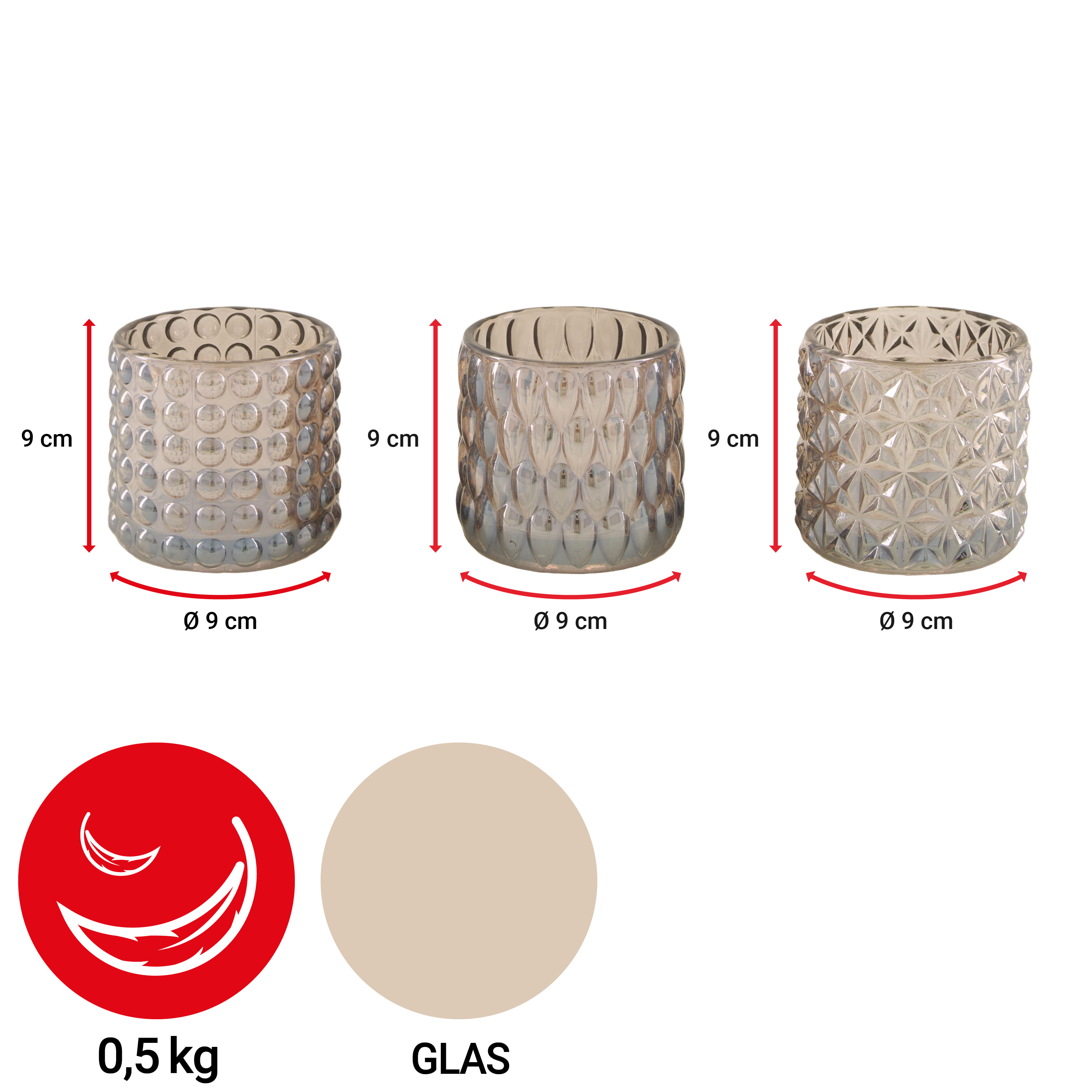 Windlichtglas - Struktur - Set: 6-teilig