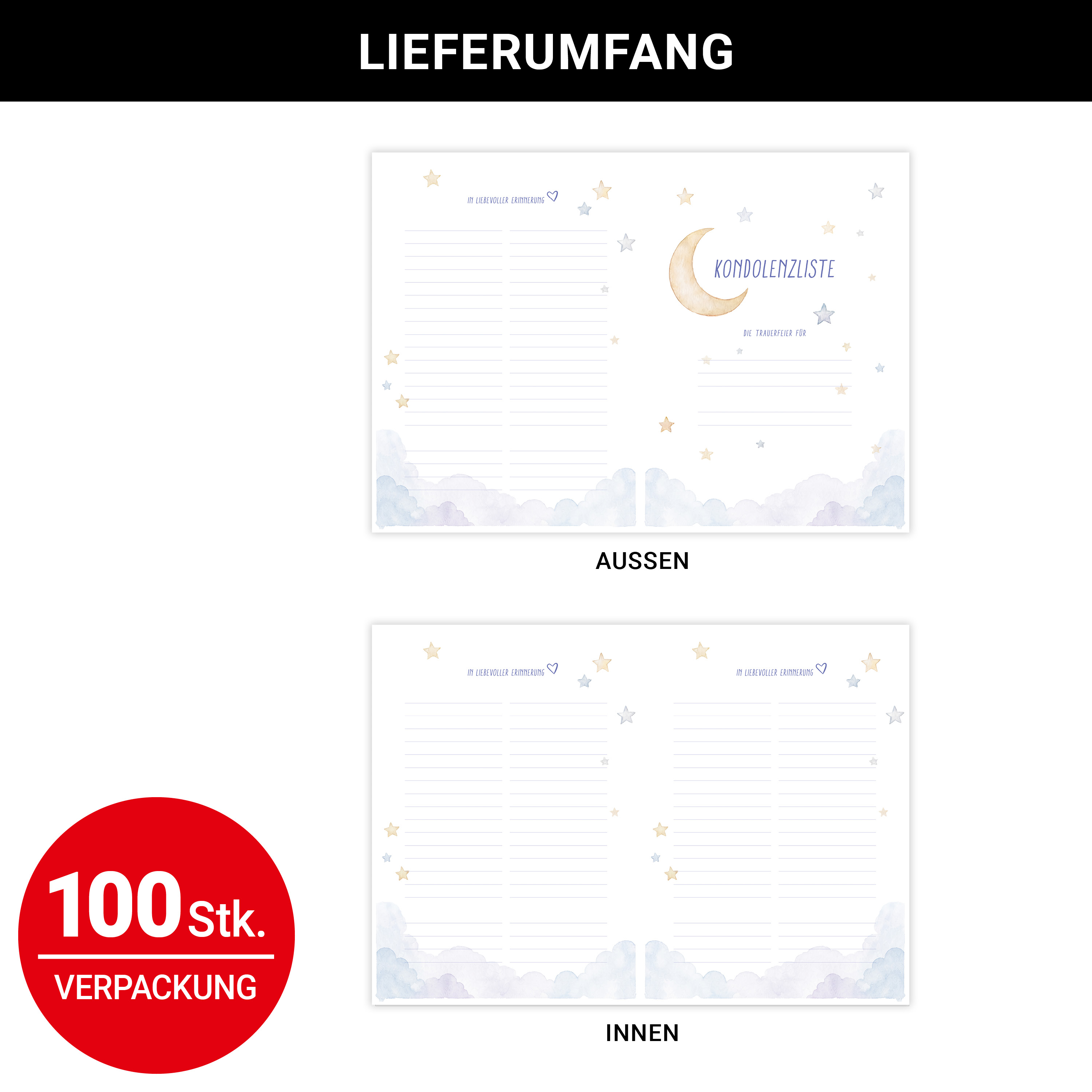 Kondolenzliste "STERNENKIND" - Mond & Sterne - DIN A3 - Startblatt mit Namensfeld - VE: 100 Stück