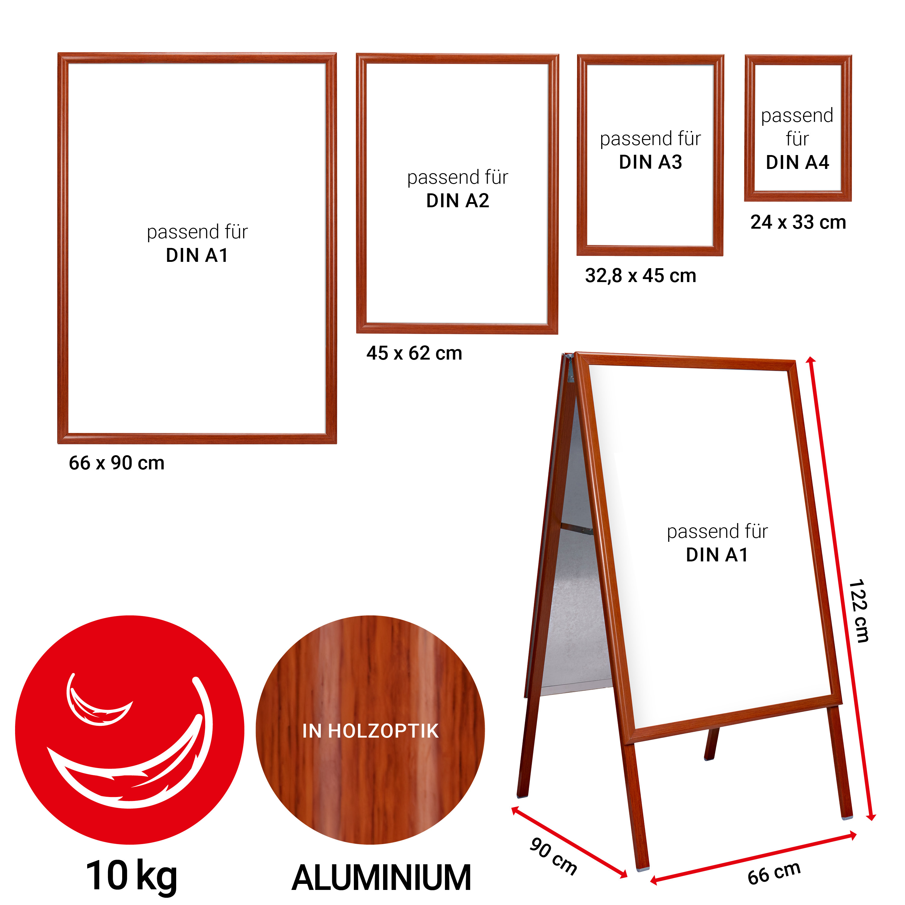 Alu Klapprahmen Set in Holzoptik DIN A4, DIN A3, DIN A2, DIN A1, Werbeaufsteller DIN A1