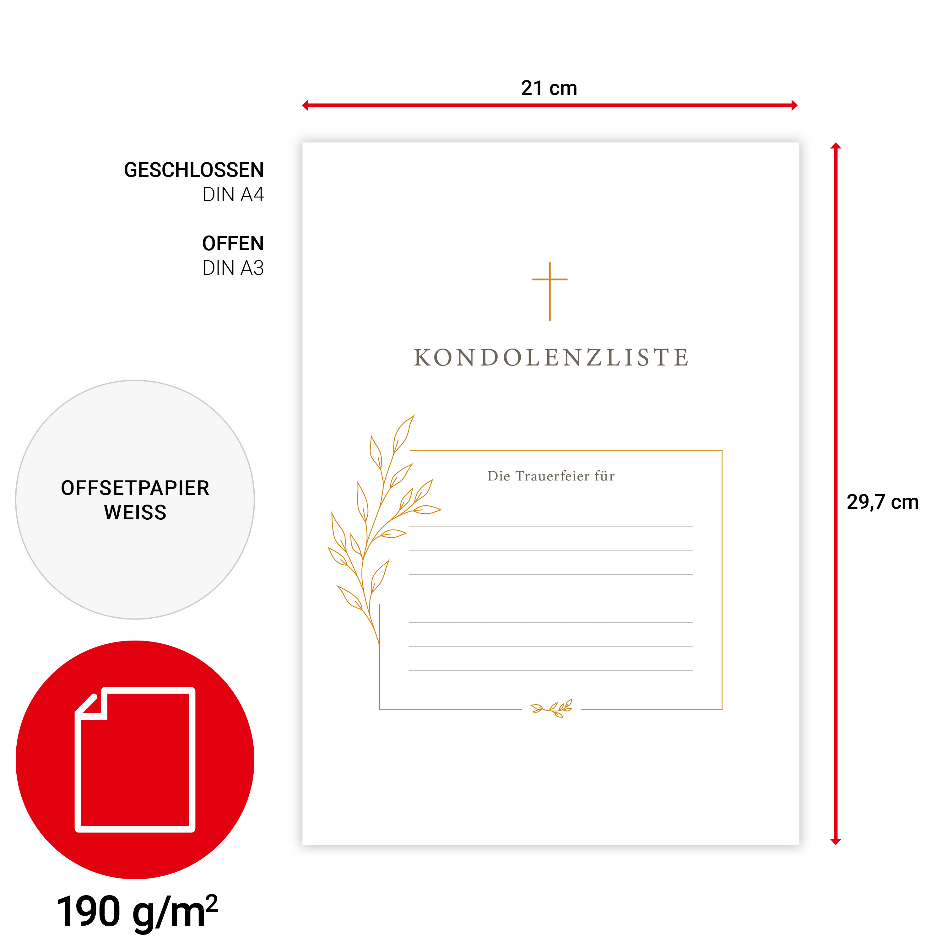 Kondolenzliste ruhig, Kreuz floral - DIN A3 - Startblatt mit Kasten