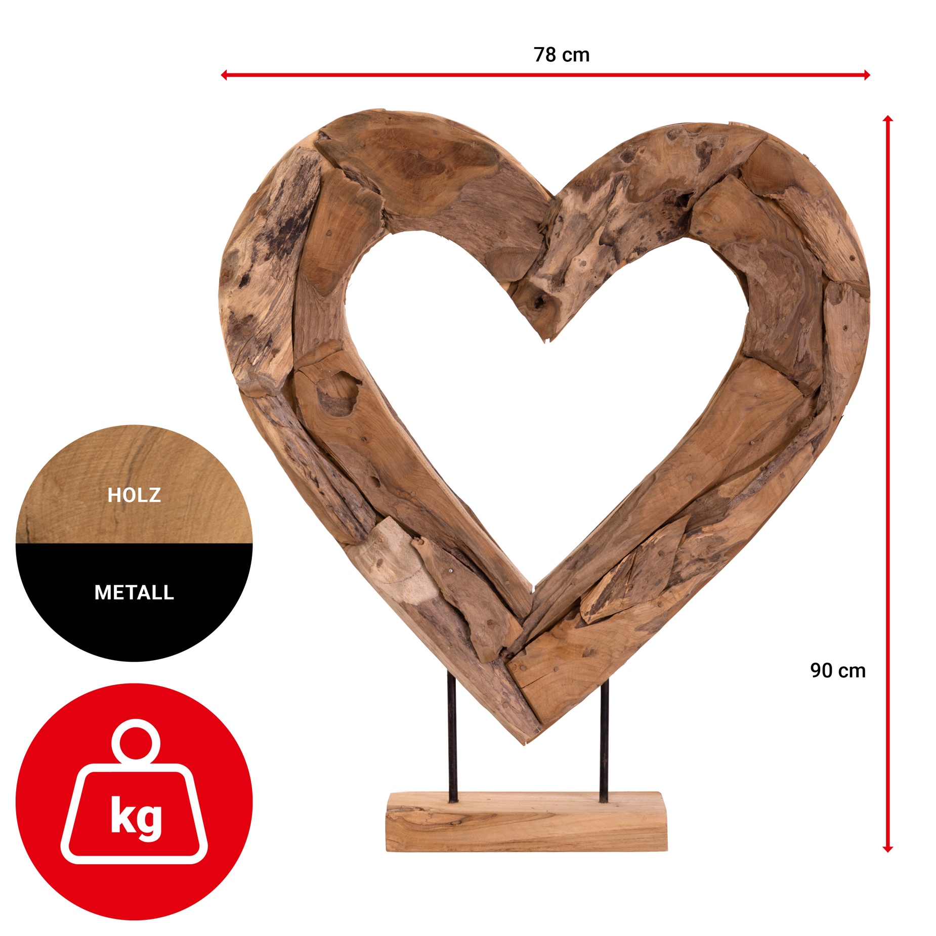 Statue Herz aus Holz Groß - Höhe 90cm | groß