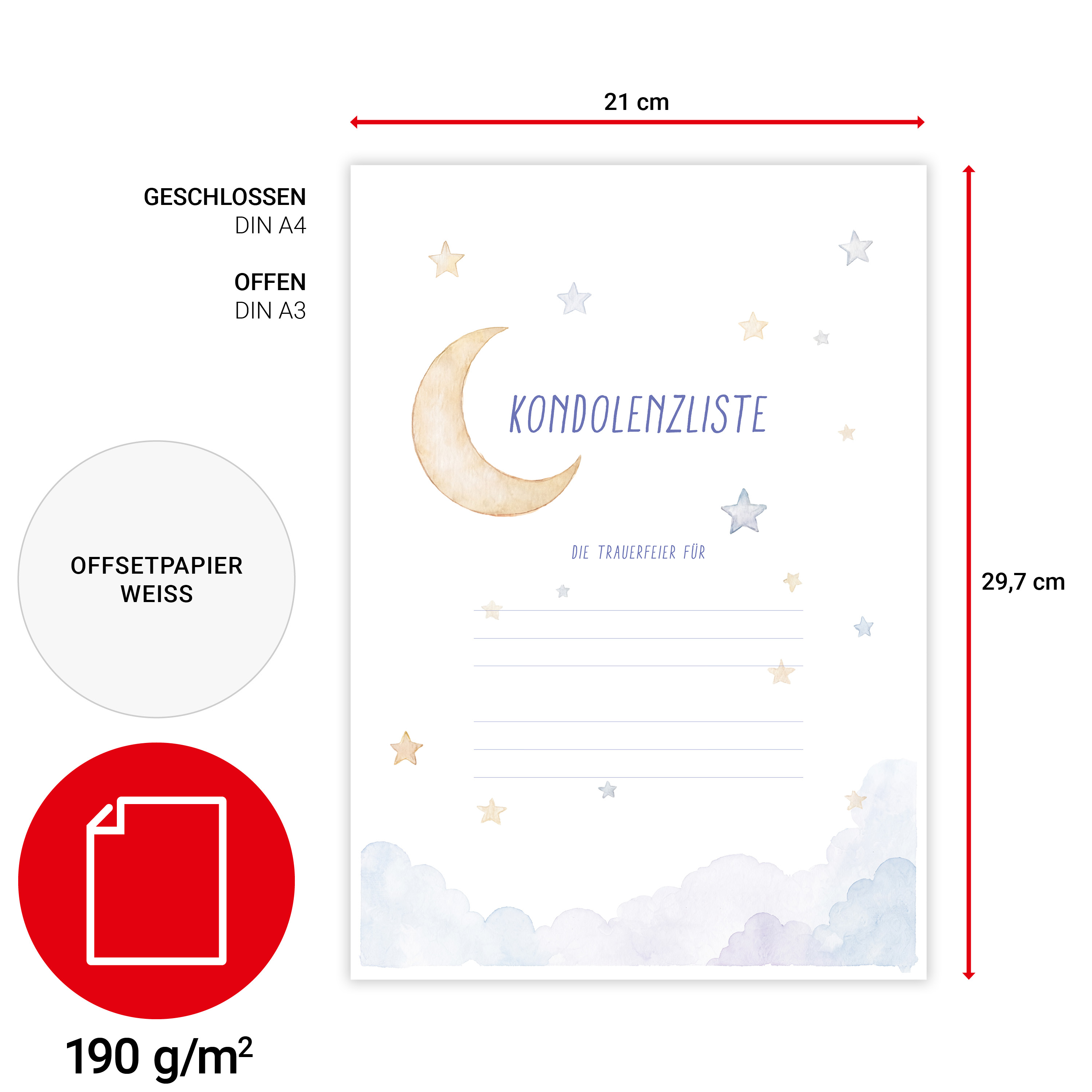 Kondolenzliste "STERNENKIND" - Mond & Sterne - DIN A3 - Startblatt mit Namensfeld - VE: 100 Stück